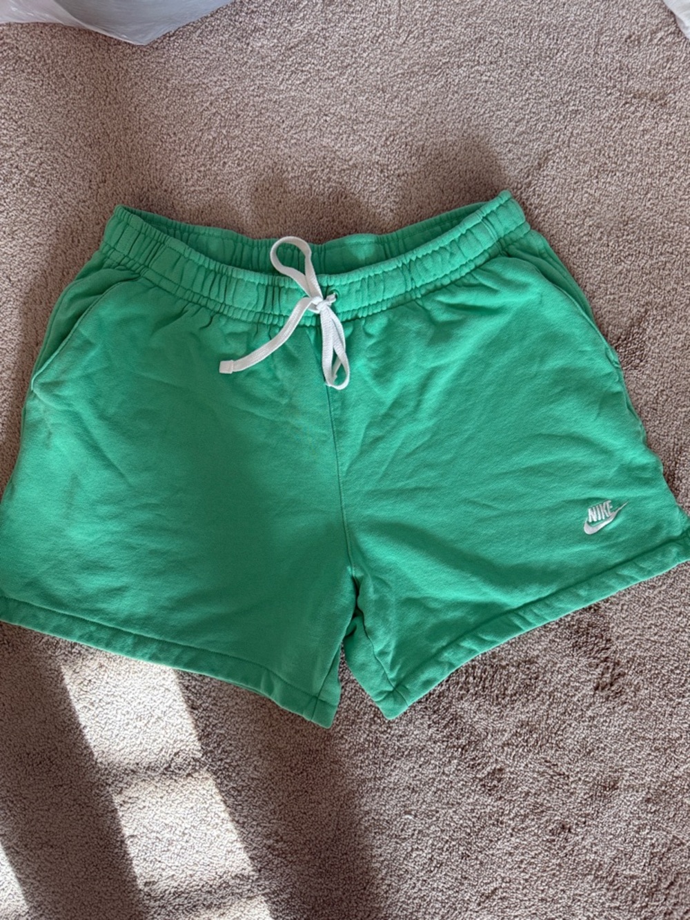 Nike Women's Green Athletic Fleece Shorts with White Drawstring